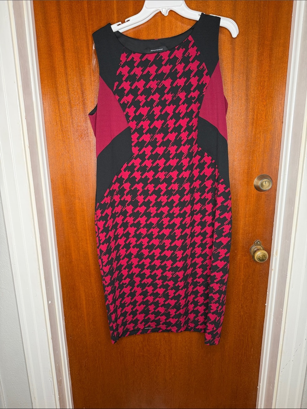 Ashley Stewart Black and Magenta Houndstooth Midi Sheath Dress